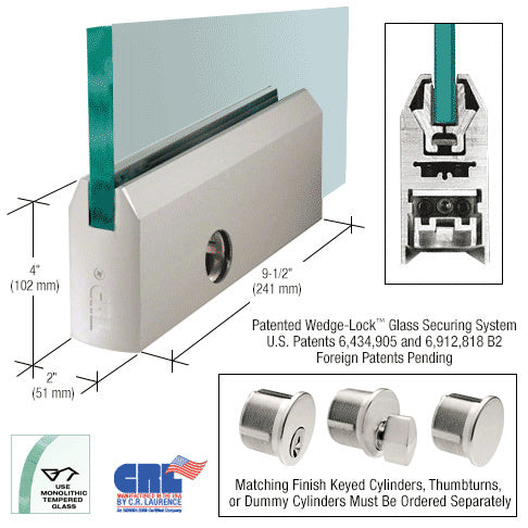 Satin Anodized 4" Tapered DRS Door Rail With Lock for 1/2" Glass - 9-1/2" Length - Item # DR4TSA12PL
