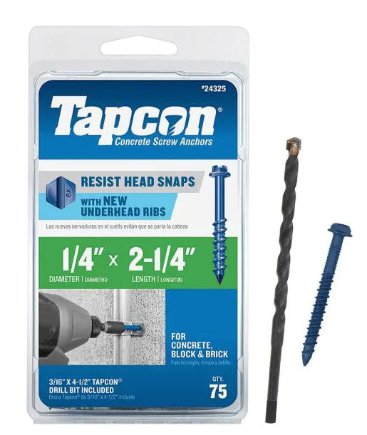 Tapcon 1/4 in. x 2-1/4 in. Hex-Washer-Head Concrete Anchors (75-Pack) SKU # 156124