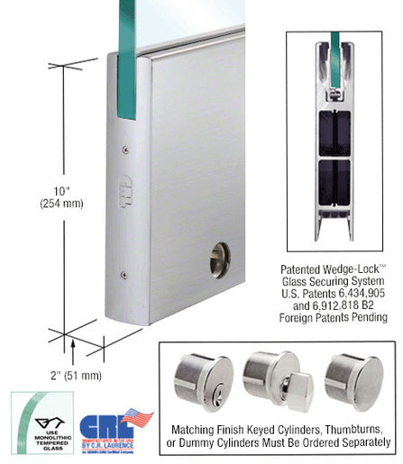 CRL Brushed Stainless 1/2" Glass 10" Square Door Rail With Lock - 35-3/4" Length - Item # DR10SBS12SL