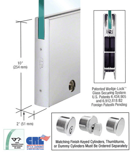 CRL Satin Anodized 1/2" Glass 10" Square Door Rail With Lock - 35-3/4" Length - Item # DR10SSA12SL