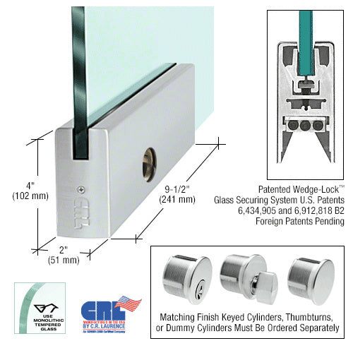 Brushed Stainless 4" Square DRS Door Rail With Lock for 1/2" Glass - 9-1/2" Length - Item # DR4SBS12PL