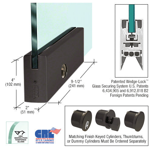 Black Bronze Anodized 4" Square DRS Door Rail With Lock for 1/2" Glass - 9-1/2" Length - Item # DR4SDU12PL