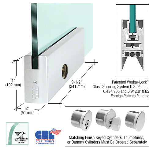 Satin Anodized 4" Square DRS Door Rail With Lock for 1/2" Glass - 9-1/2" Length - Item # DR4SSA12PL