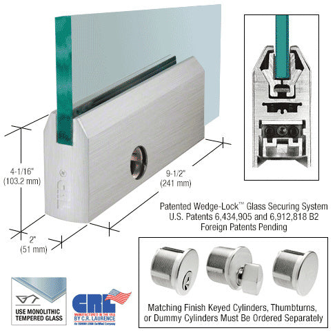 Brushed Stainless 4" Tapered DRS Door Rail With Lock for 1/2" Glass - 9-1/2" Length - Item # DR4TBS12PL