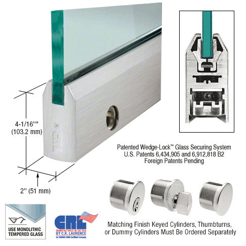 CRL Brushed Stainless 1/2" Glass 4" Tapered Door Rail With Lock - 35-3/4" Length - Item # DR4TBS12SL