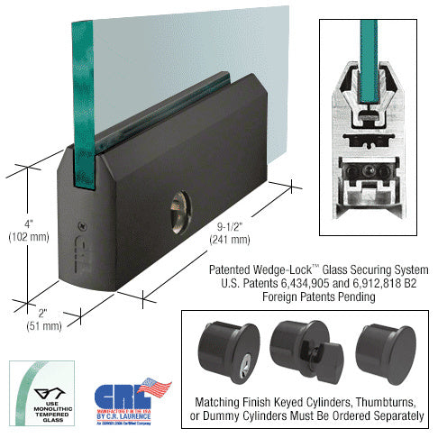 Black Bronze Anodized 4" Tapered DRS Door Rail With Lock for 1/2" Glass - 9-1/2" Length - Item # DR4TDU12PL