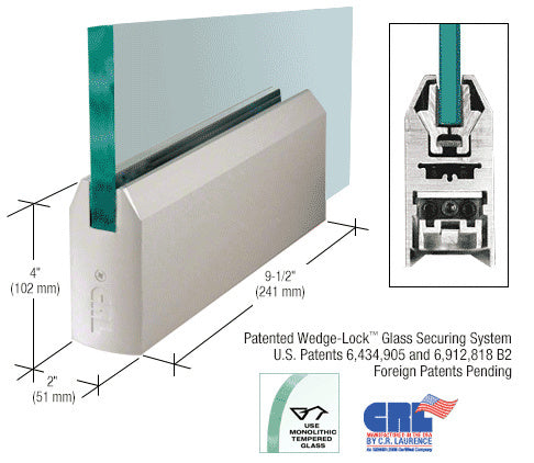 Satin Anodized 4" Tapered DRS Door Rail Without Lock for 1/2" Glass - 9-1/2" Length - Item # DR4TSA12P